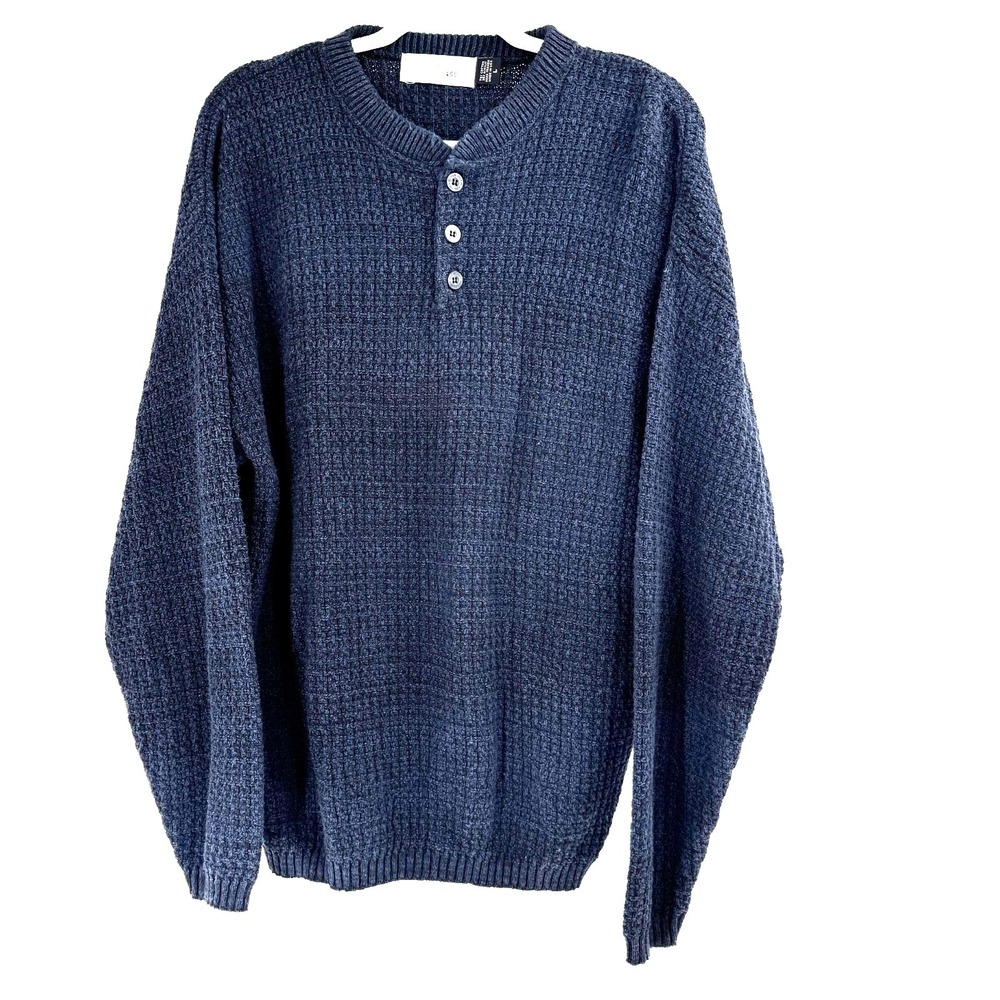 Vintage Bill Blass Fisherman Henley Sweater Men's Large Chunky Knit‎ Blue USA